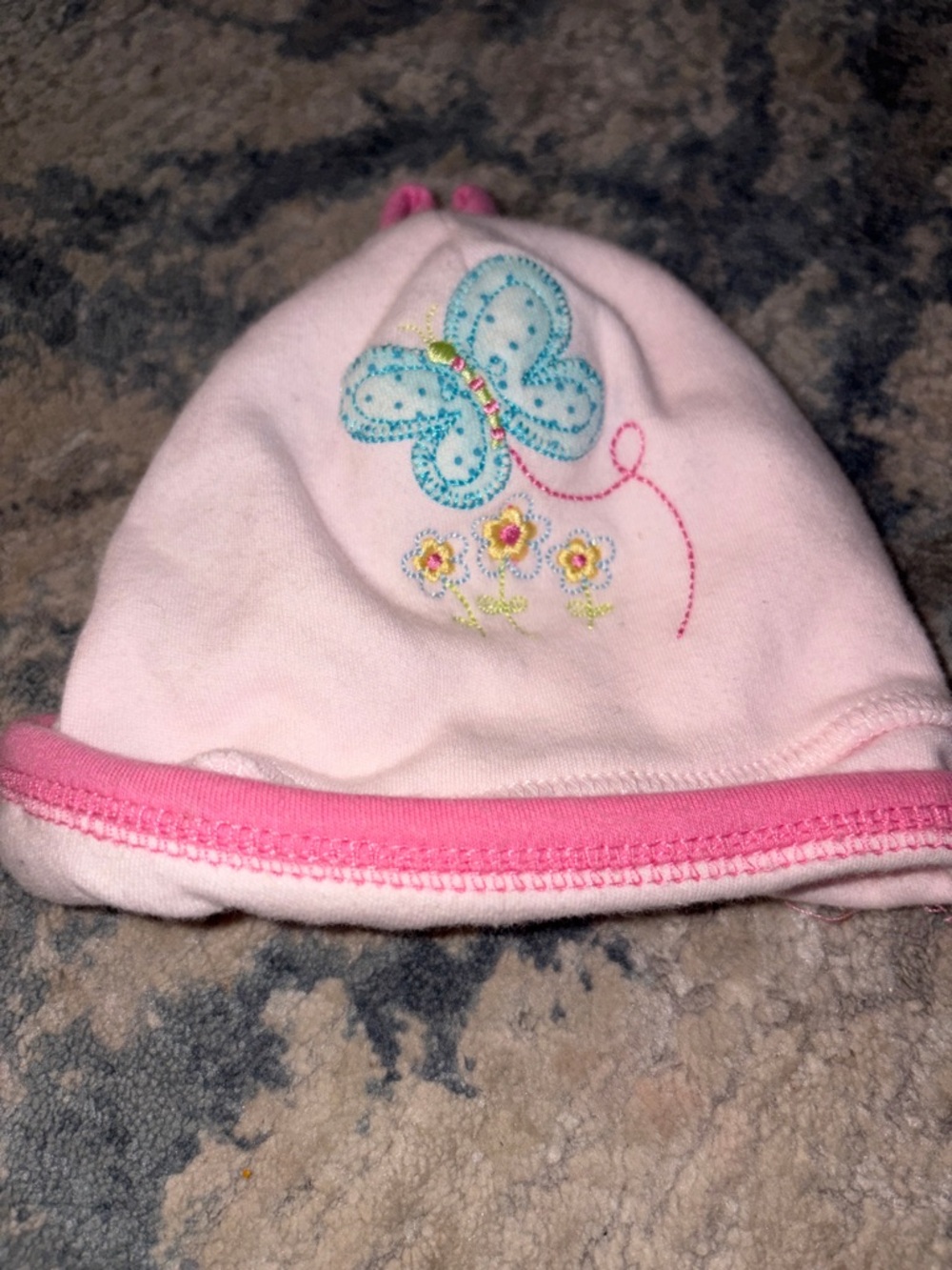 Carter's Pink Baby Hat with Blue Butterfly and Floral Embroidery